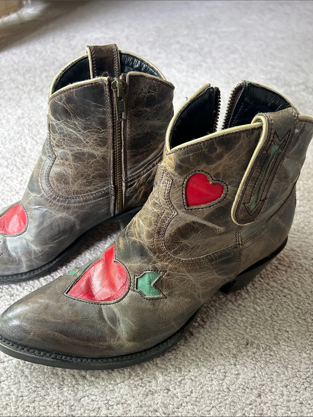 Grey Brown Leather Western Boot with Red Heart Inlay - Picture 2 of 5